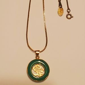 Jade "Blessing" Chinese Fu Symbol Circle Pendant Necklace in 14kt Gold